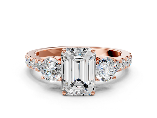 Rose gold Emerald Cut Diamond Three-Stone Ring with Round Side Stones and Pavé Band