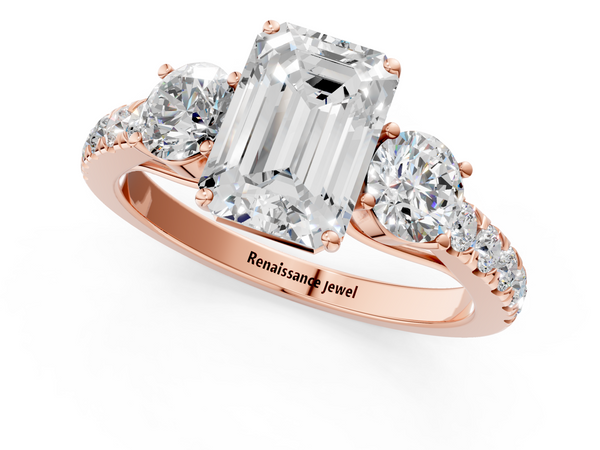 Rose gold Emerald Cut Diamond Three-Stone Ring with Round Side Stones and Pavé Band