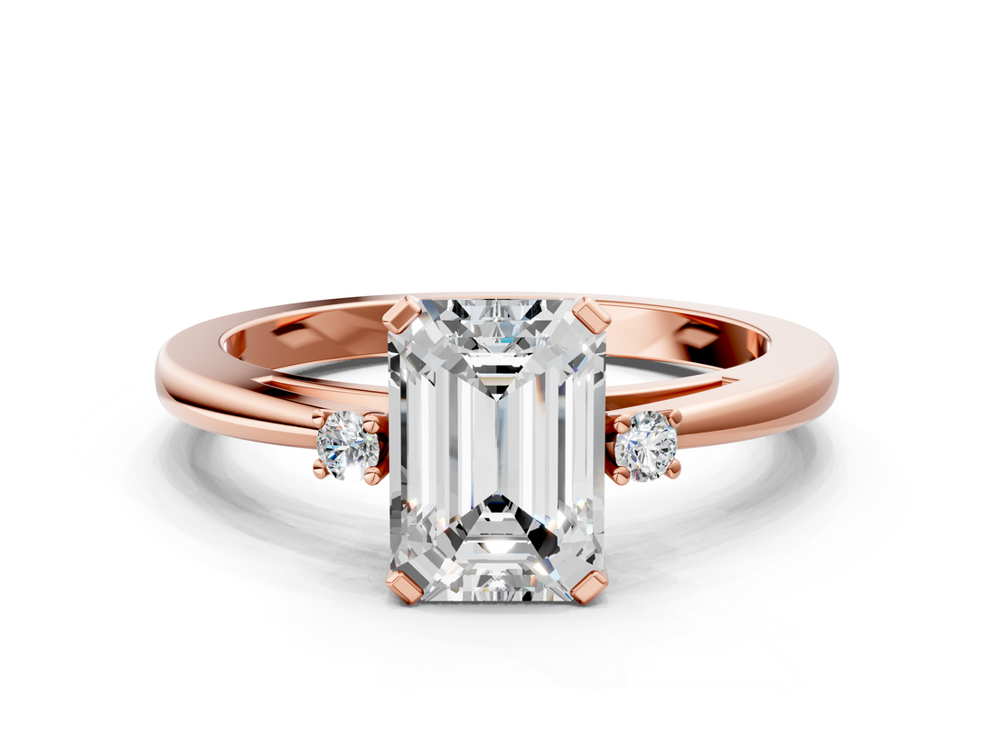 Rose gold Emerald Cut Three-Stone Solitaire Ring with Round Accent Diamonds and Four-Prong Setting_35