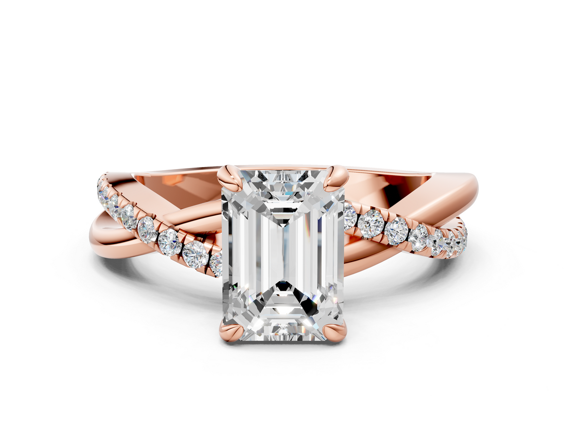 Rose gold Emerald Cut Twist Band Solitaire Diamond Ring with Pavé Setting_15