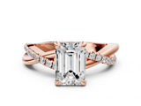 Rose gold Emerald Cut Twist Band Solitaire Diamond Ring with Pavé Setting_15