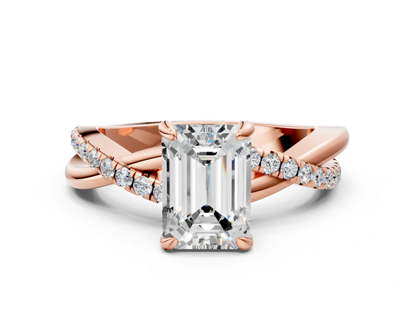 Rose gold Emerald Cut Twist Band Solitaire Diamond Ring with Pavé Setting