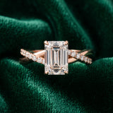 Rose gold Emerald Cut Twist Band Solitaire Diamond Ring with Pavé Setting_15