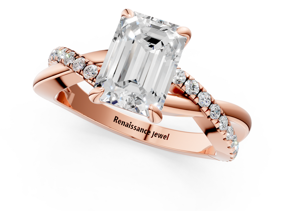 Rose gold Emerald Cut Twist Band Solitaire Diamond Ring with Pavé Setting