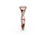 Rose gold Emerald Cut Twist Band Solitaire Diamond Ring with Pavé Setting_17