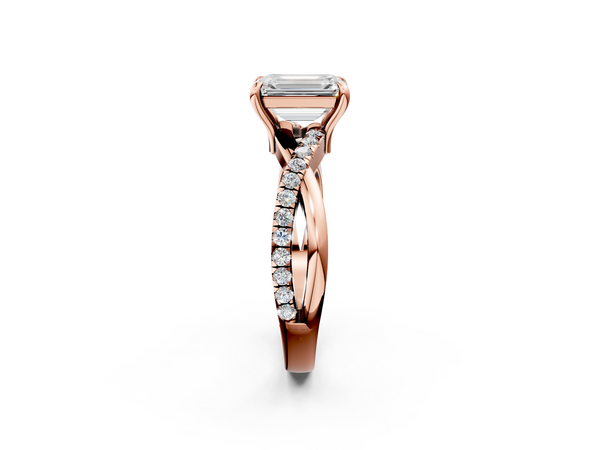 Rose gold Emerald Cut Twist Band Solitaire Diamond Ring with Pavé Setting