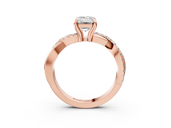 Rose gold Emerald Cut Twist Band Solitaire Diamond Ring with Pavé Setting
