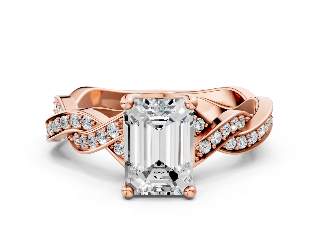 Rose gold Emerald Cut Twisted Pavé Band Solitaire Ring with Four-Prong Setting_89