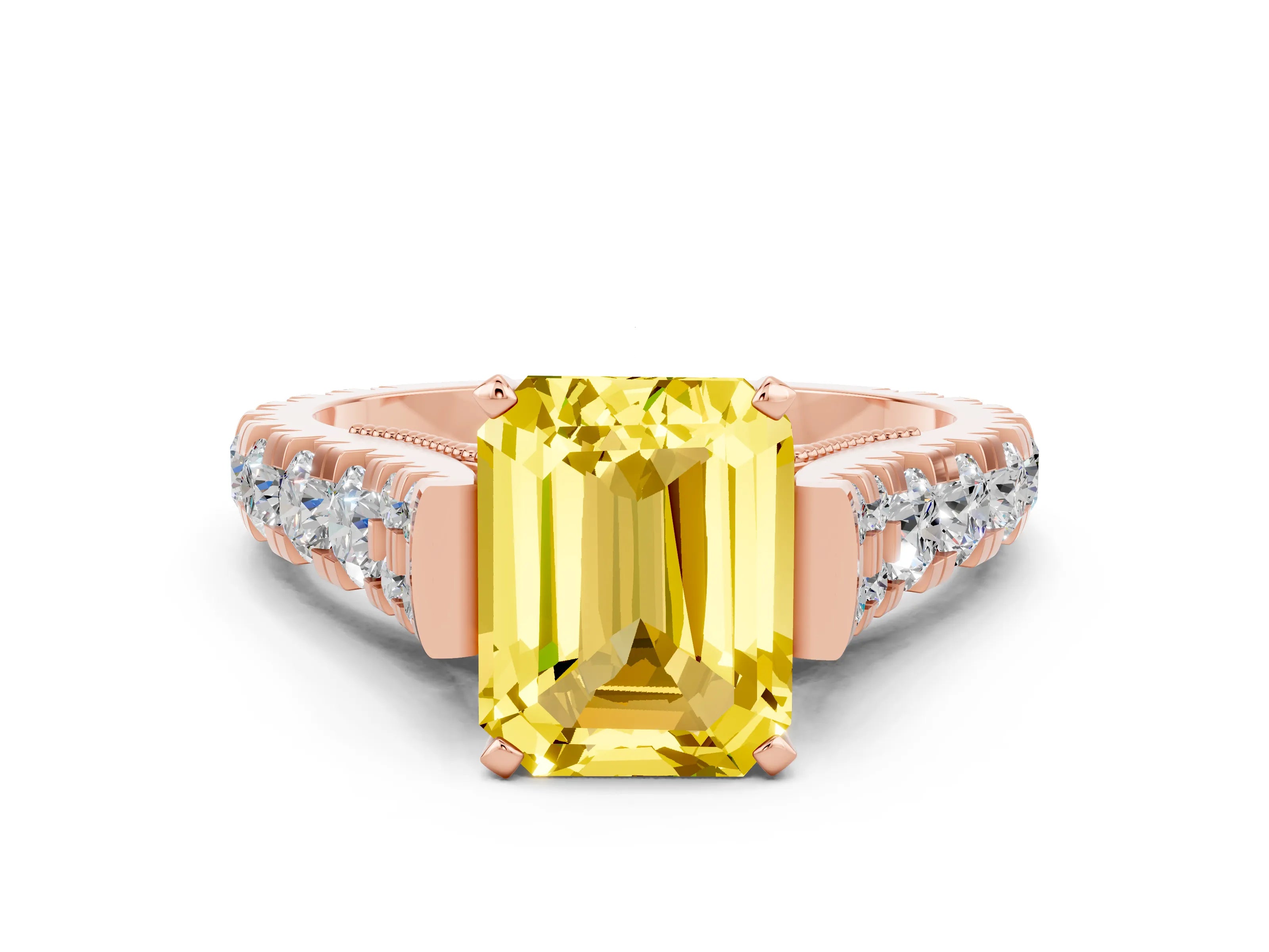 Rose gold Emerald Cut Yellow Sapphire Classic Solitaire Ring with Pavé Band and Four-Prong Setting_12