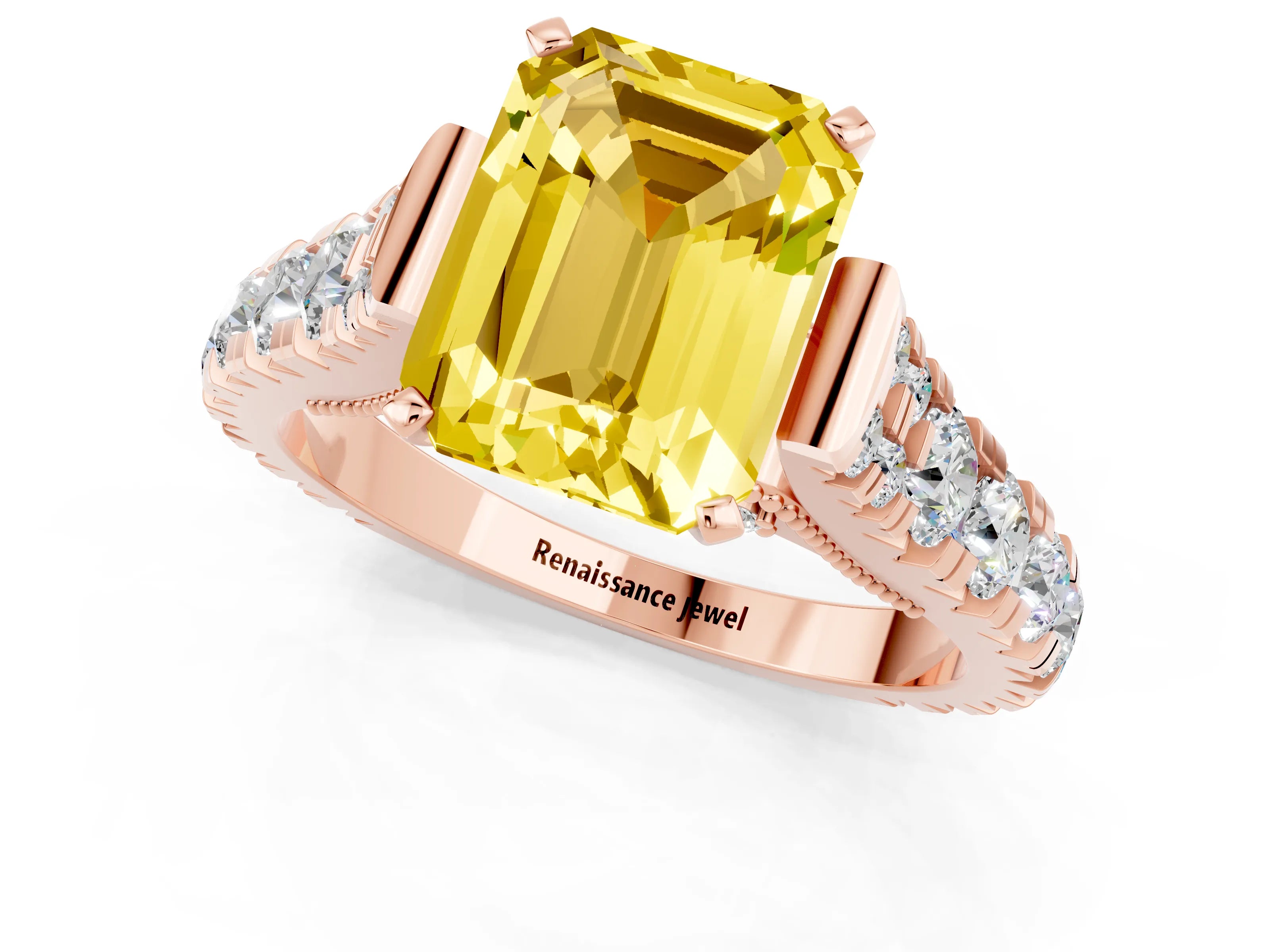 Rose gold Emerald Cut Yellow Sapphire Classic Solitaire Ring with Pavé Band and Four-Prong Setting_13