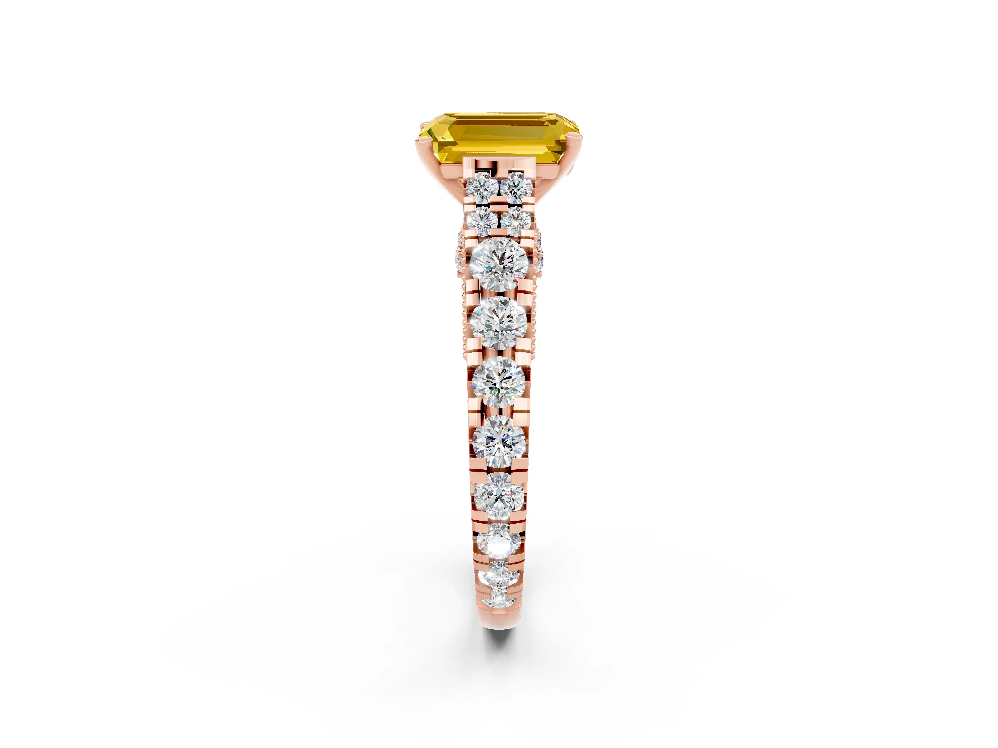 Rose gold Emerald Cut Yellow Sapphire Classic Solitaire Ring with Pavé Band and Four-Prong Setting_14