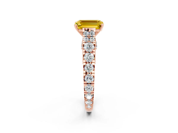Rose gold Emerald Cut Yellow Sapphire Classic Solitaire Ring with Pavé Band and Four-Prong Setting