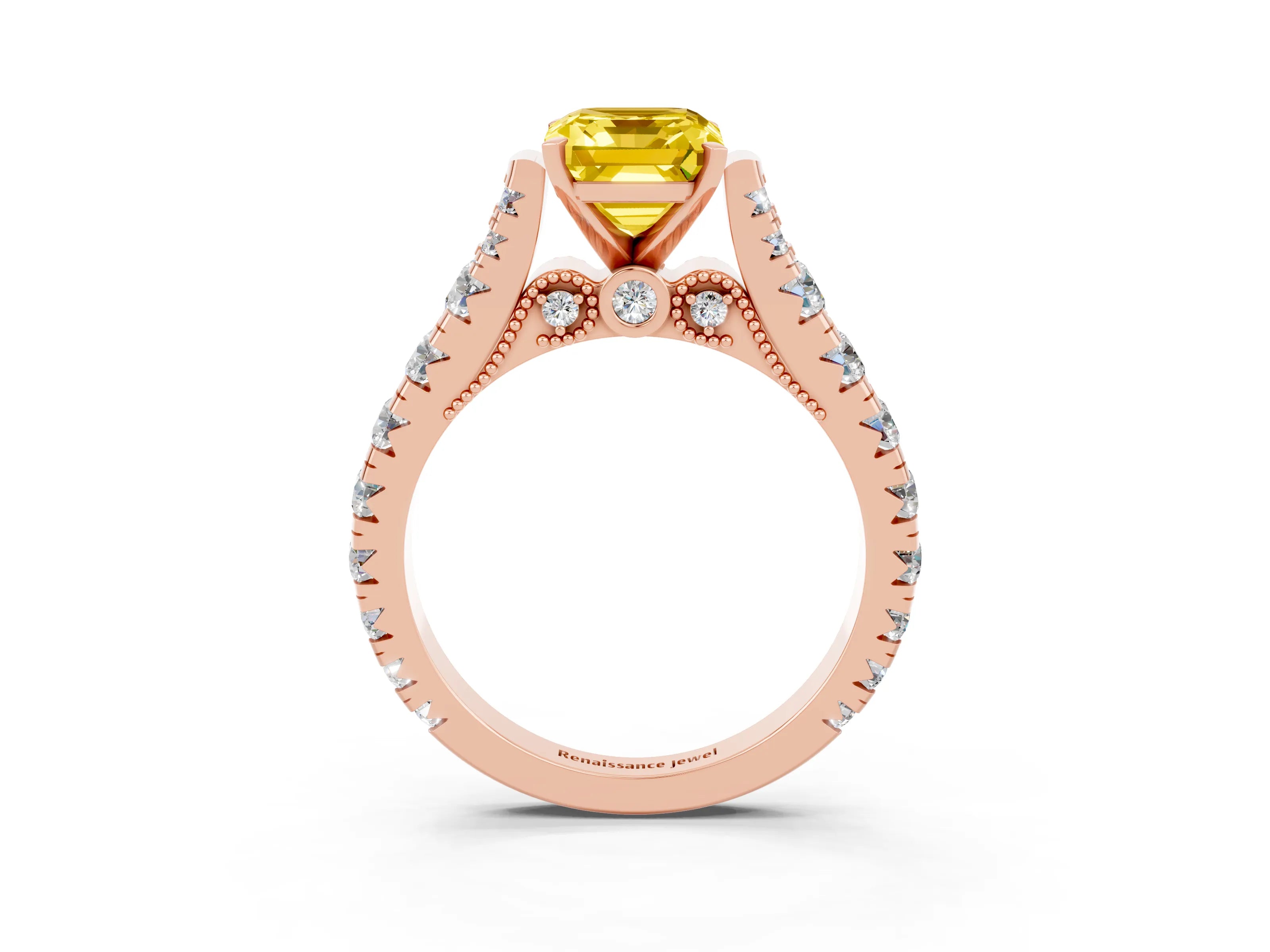 Rose gold Emerald Cut Yellow Sapphire Classic Solitaire Ring with Pavé Band and Four-Prong Setting_15