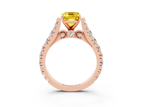 Rose gold Emerald Cut Yellow Sapphire Classic Solitaire Ring with Pavé Band and Four-Prong Setting