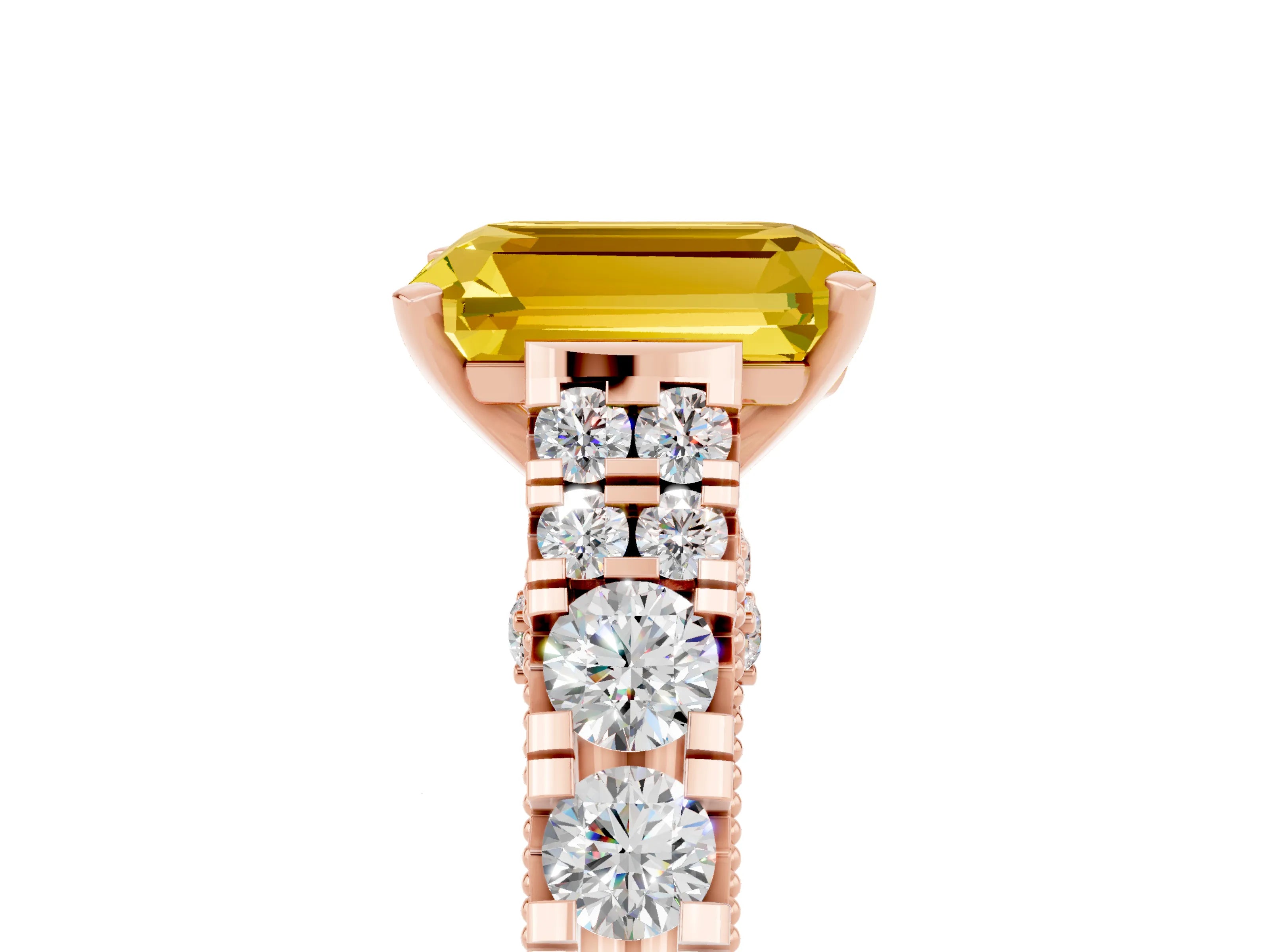 Rose gold Emerald Cut Yellow Sapphire Classic Solitaire Ring with Pavé Band and Four-Prong Setting_17