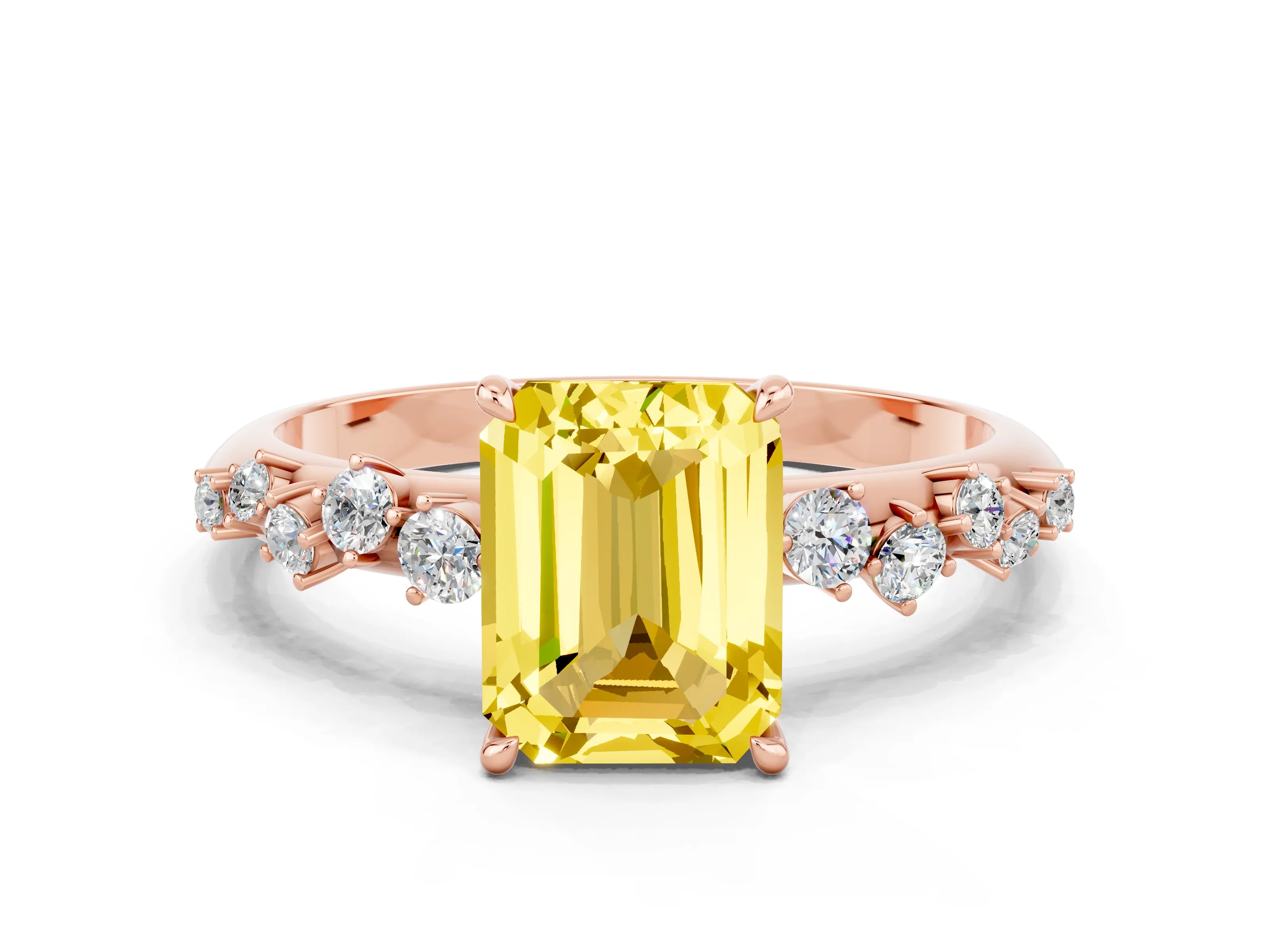 Rose gold Emerald Cut Yellow Sapphire Cluster Side Stone Solitaire Ring with Prong Setting_48