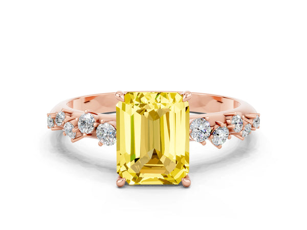 Rose gold Emerald Cut Yellow Sapphire Cluster Side Stone Solitaire Ring with Prong Setting