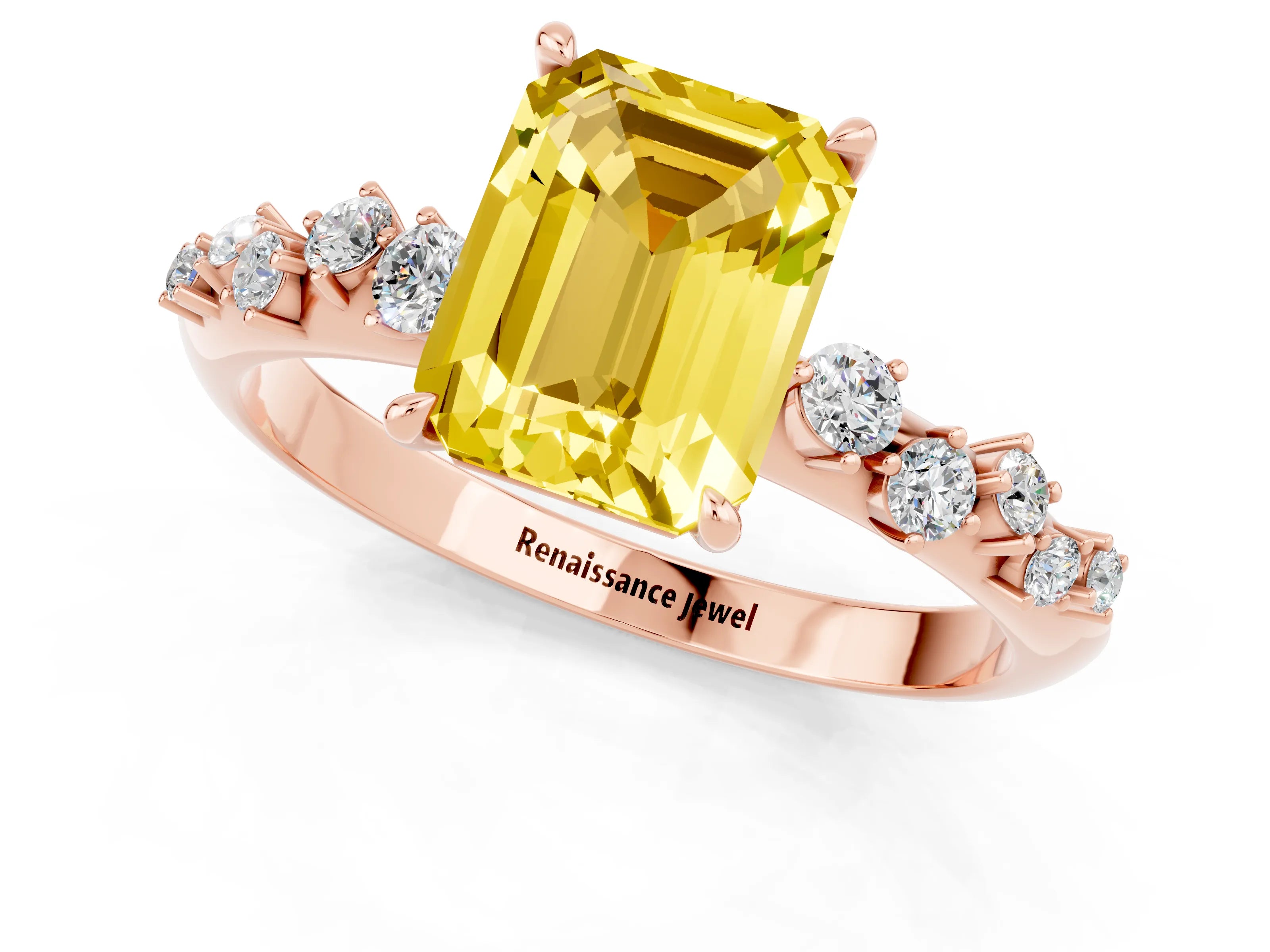 Rose gold Emerald Cut Yellow Sapphire Cluster Side Stone Solitaire Ring with Prong Setting_49
