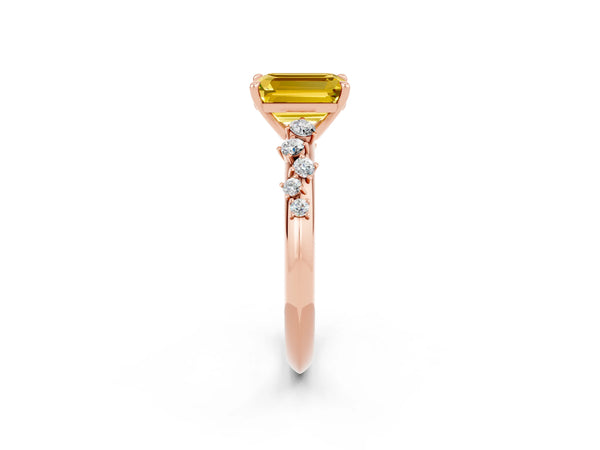 Rose gold Emerald Cut Yellow Sapphire Cluster Side Stone Solitaire Ring with Prong Setting