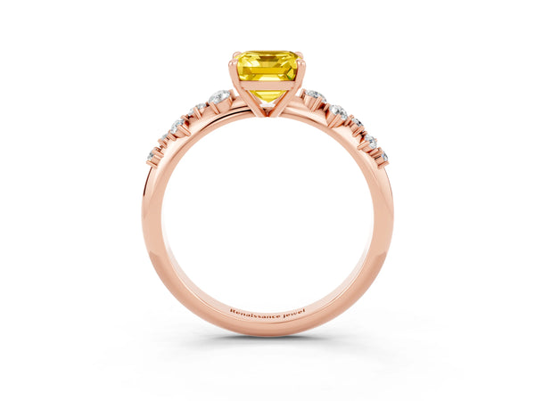 Rose gold Emerald Cut Yellow Sapphire Cluster Side Stone Solitaire Ring with Prong Setting