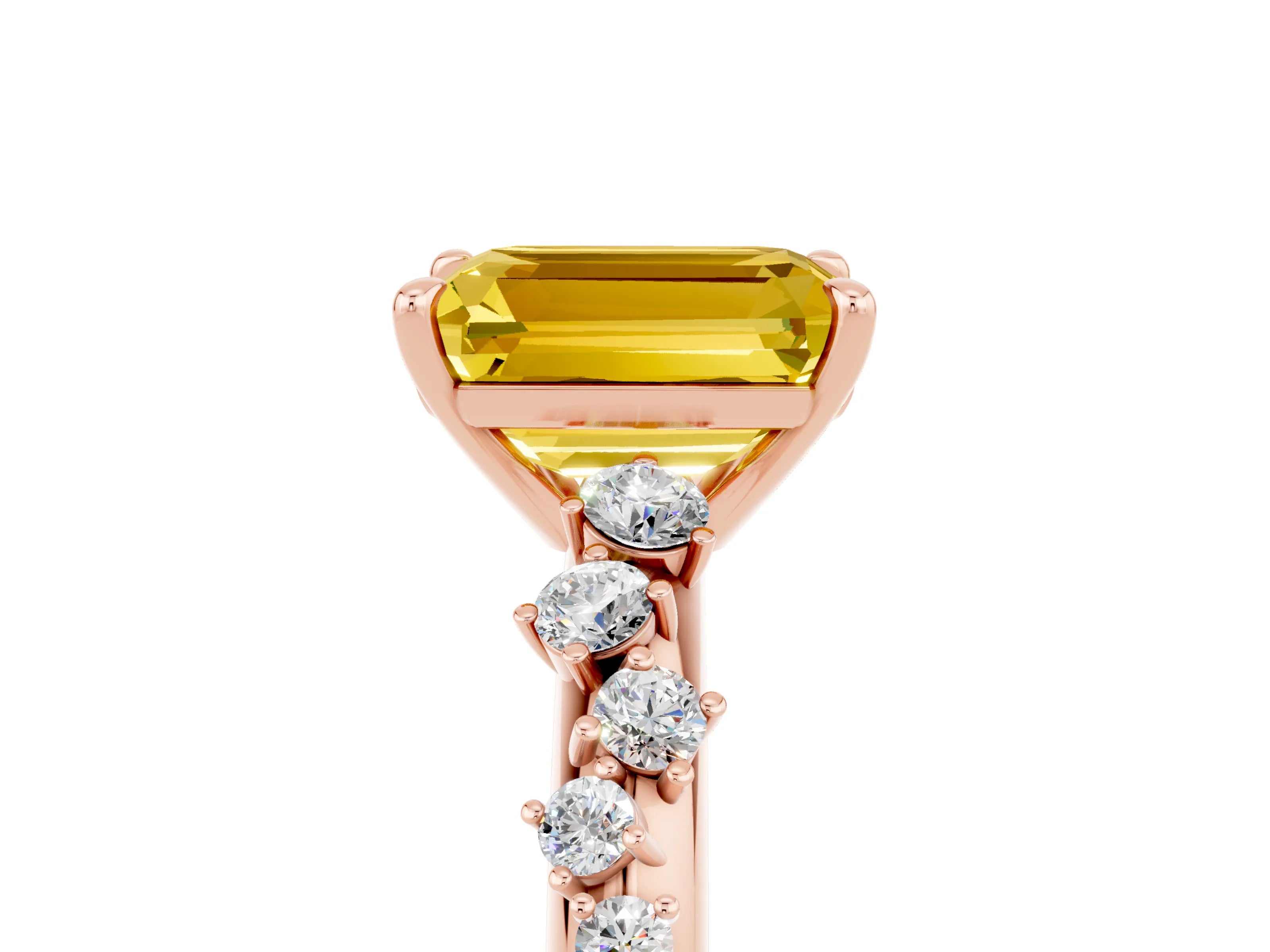 Rose gold Emerald Cut Yellow Sapphire Cluster Side Stone Solitaire Ring with Prong Setting_53