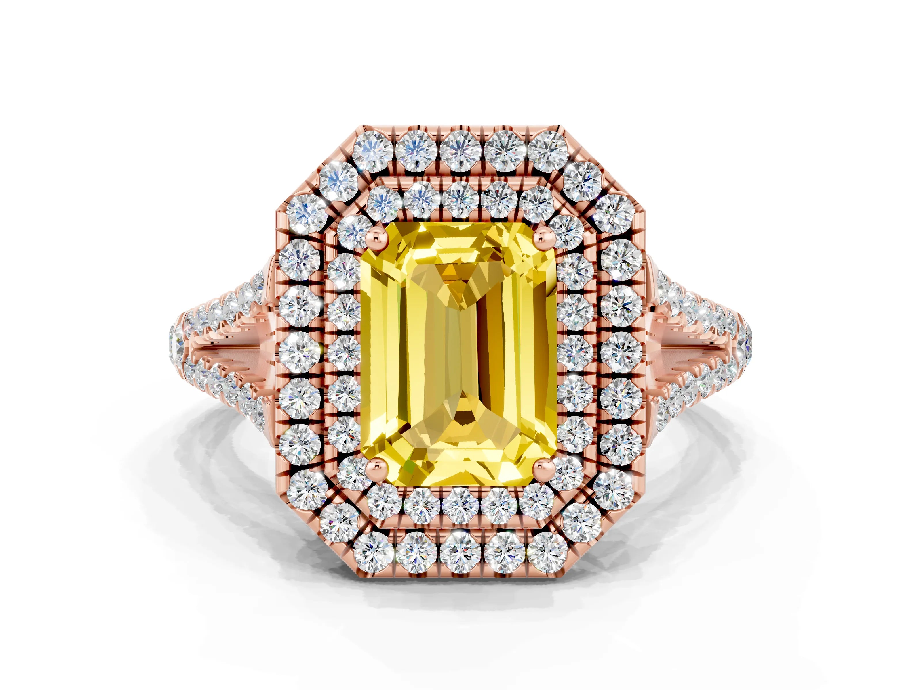 Rose gold Emerald Cut Yellow Sapphire Double Halo Ring with Pavé Band and Prong Setting_12