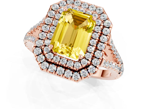 Rose gold Emerald Cut Yellow Sapphire Double Halo Ring with Pavé Band and Prong Setting_13