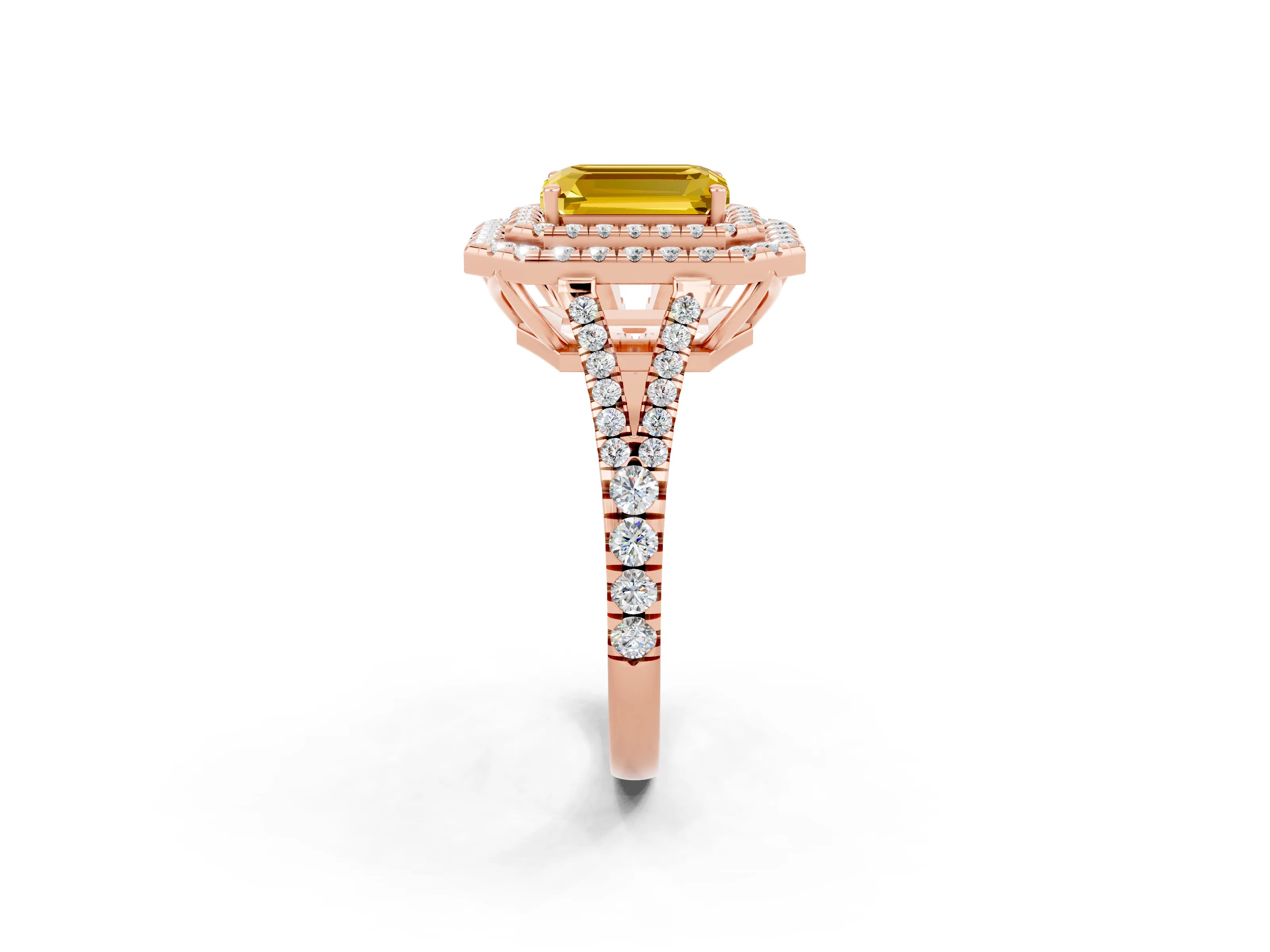 Rose gold Emerald Cut Yellow Sapphire Double Halo Ring with Pavé Band and Prong Setting_14