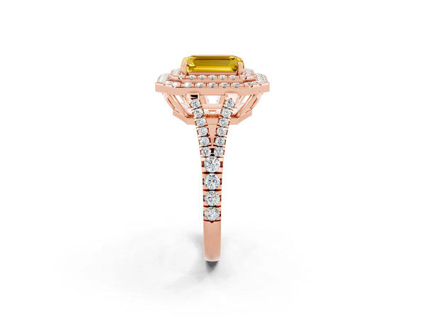 Rose gold Emerald Cut Yellow Sapphire Double Halo Ring with Pavé Band and Prong Setting