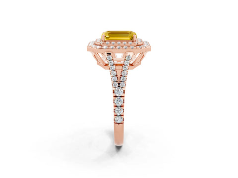 Rose gold Emerald Cut Yellow Sapphire Double Halo Ring with Pavé Band and Prong Setting_14