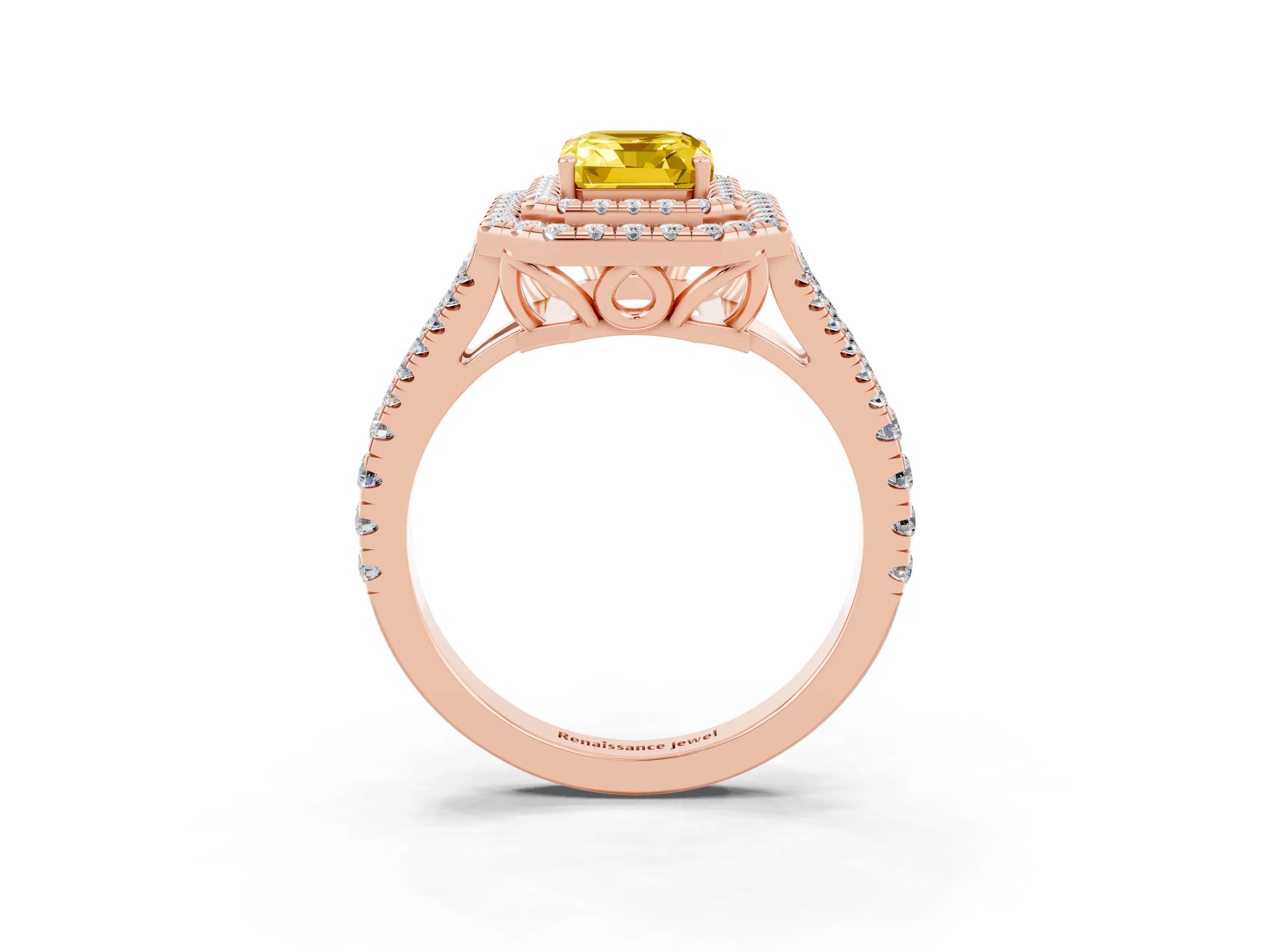 Rose gold Emerald Cut Yellow Sapphire Double Halo Ring with Pavé Band and Prong Setting_15