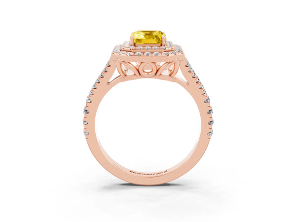 Rose gold Emerald Cut Yellow Sapphire Double Halo Ring with Pavé Band and Prong Setting