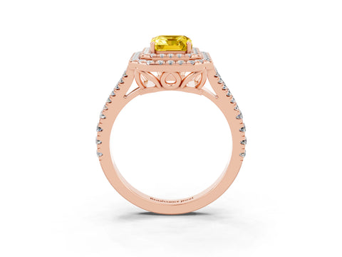 Rose gold Emerald Cut Yellow Sapphire Double Halo Ring with Pavé Band and Prong Setting_15