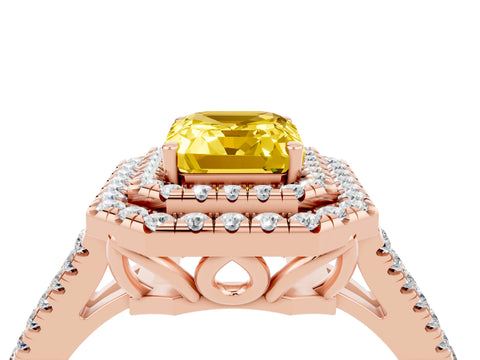 Rose gold Emerald Cut Yellow Sapphire Double Halo Ring with Pavé Band and Prong Setting_16