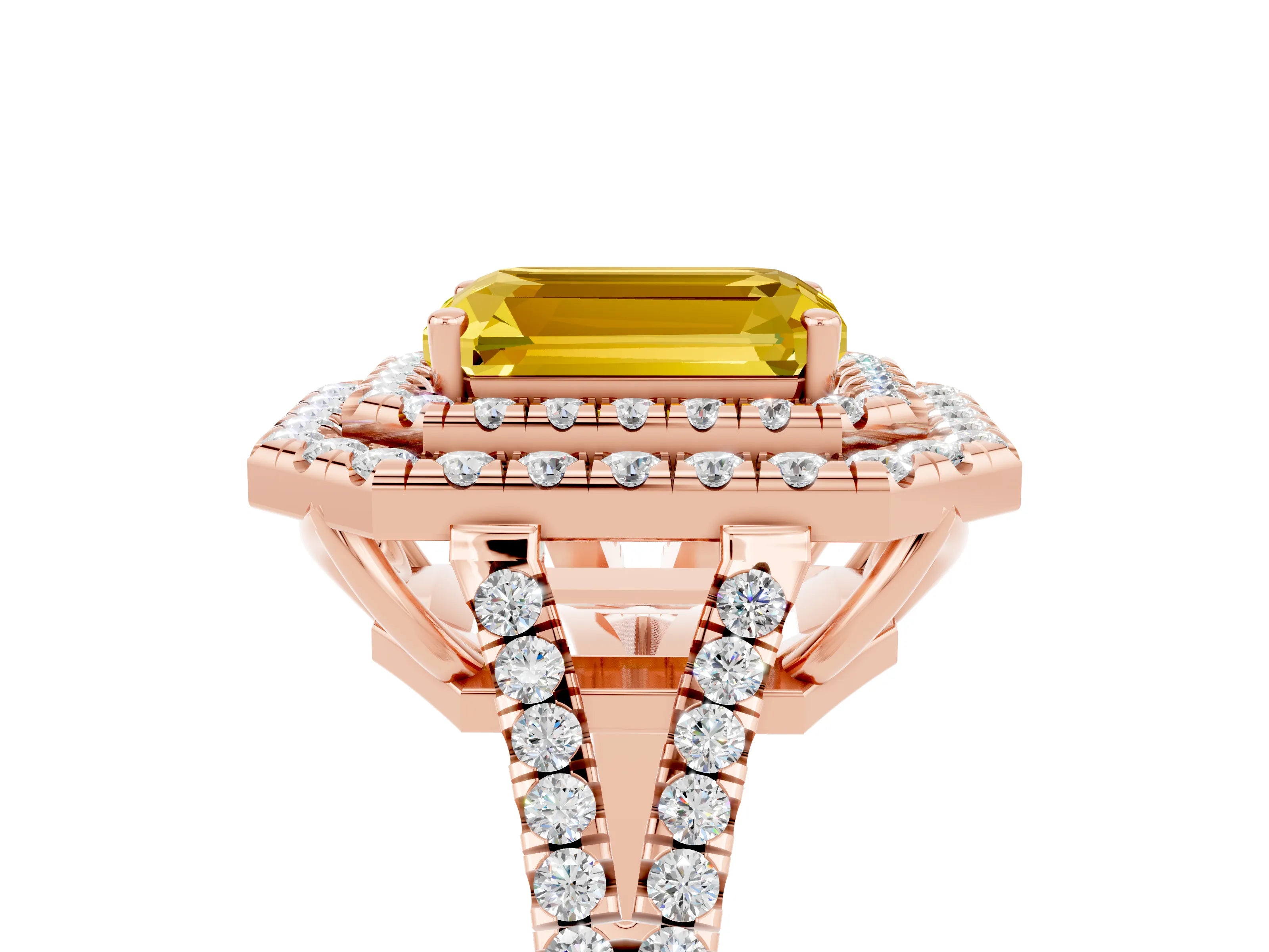 Rose gold Emerald Cut Yellow Sapphire Double Halo Ring with Pavé Band and Prong Setting_17