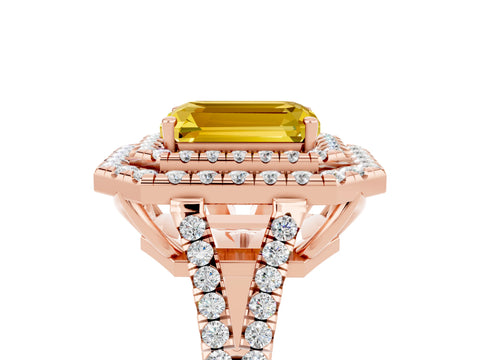 Rose gold Emerald Cut Yellow Sapphire Double Halo Ring with Pavé Band and Prong Setting_17
