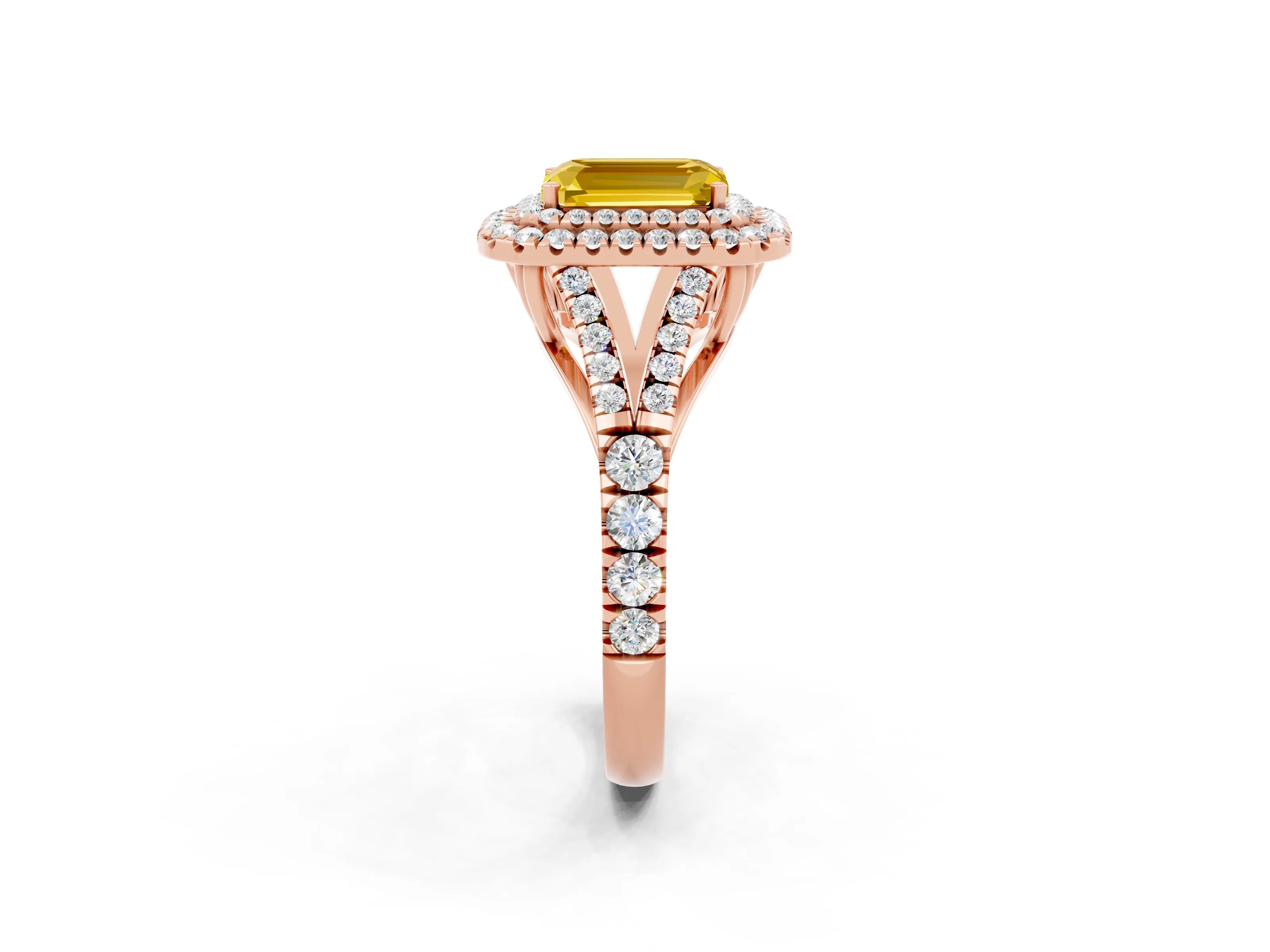 Rose gold Emerald Cut Yellow Sapphire Double Halo Ring with Split Shank and Prong Setting_14
