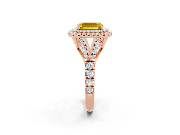 Rose gold Emerald Cut Yellow Sapphire Double Halo Ring with Split Shank and Prong Setting