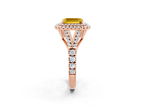 Rose gold Emerald Cut Yellow Sapphire Double Halo Ring with Split Shank and Prong Setting_14
