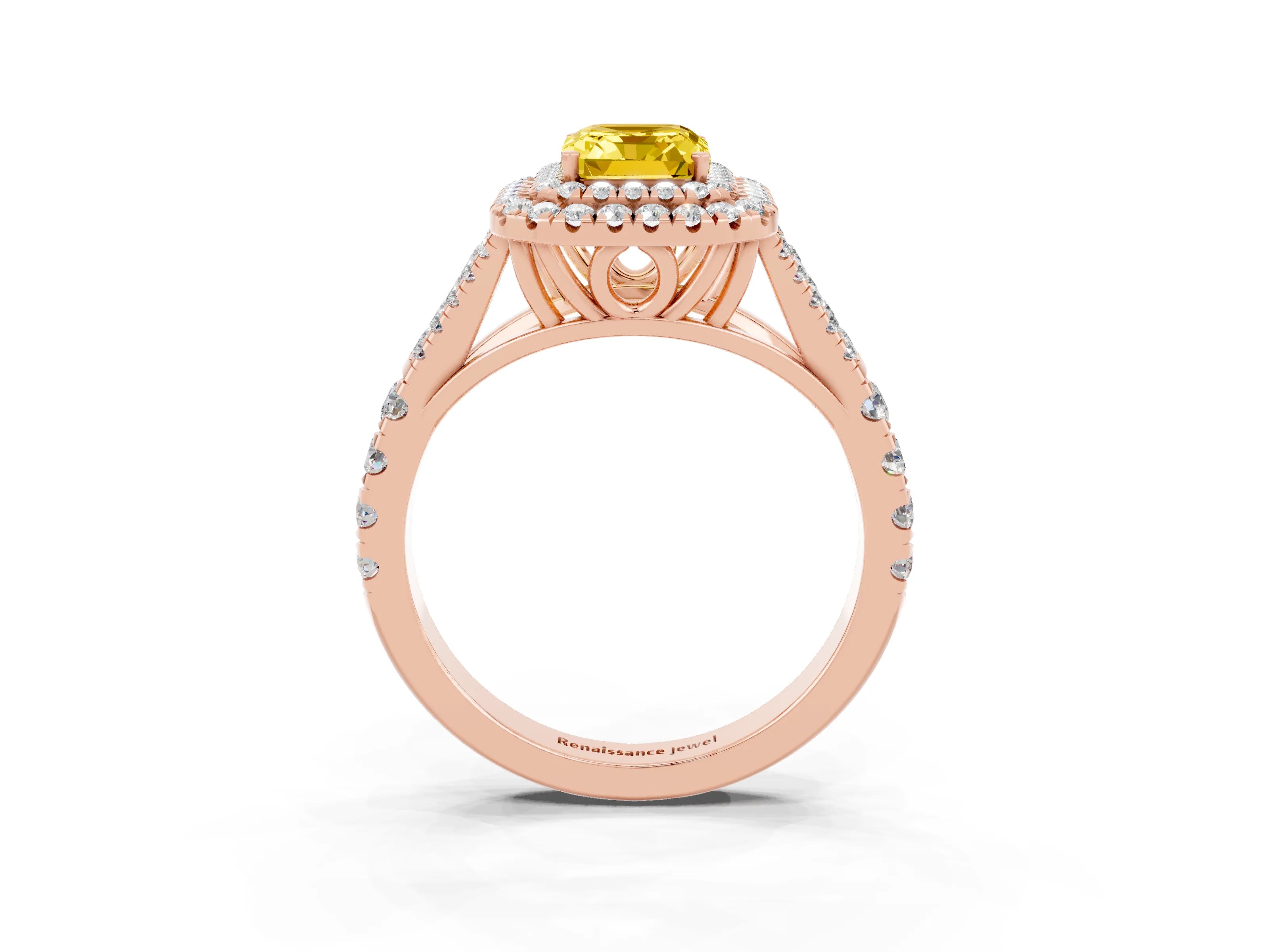 Rose gold Emerald Cut Yellow Sapphire Double Halo Ring with Split Shank and Prong Setting_15
