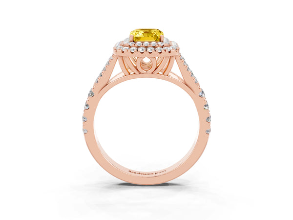 Rose gold Emerald Cut Yellow Sapphire Double Halo Ring with Split Shank and Prong Setting
