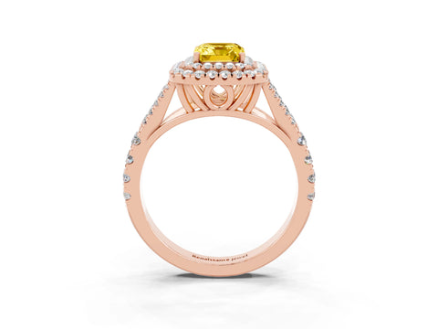 Rose gold Emerald Cut Yellow Sapphire Double Halo Ring with Split Shank and Prong Setting_15