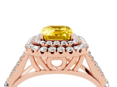 Rose gold Emerald Cut Yellow Sapphire Double Halo Ring with Split Shank and Prong Setting_16