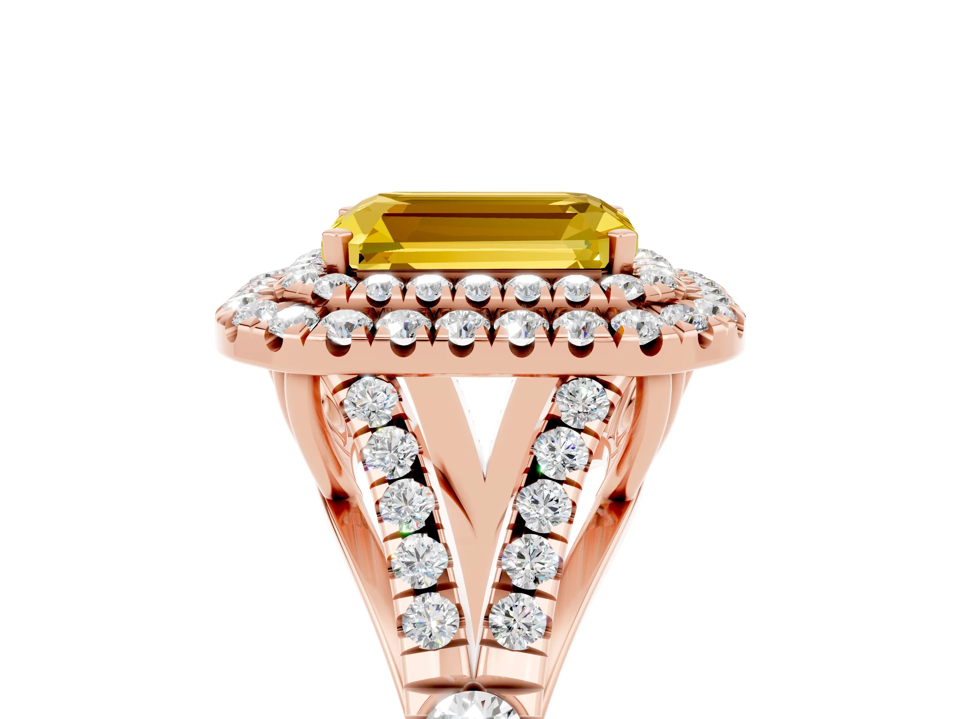 Rose gold Emerald Cut Yellow Sapphire Double Halo Ring with Split Shank and Prong Setting_17