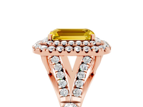 Rose gold Emerald Cut Yellow Sapphire Double Halo Ring with Split Shank and Prong Setting_17
