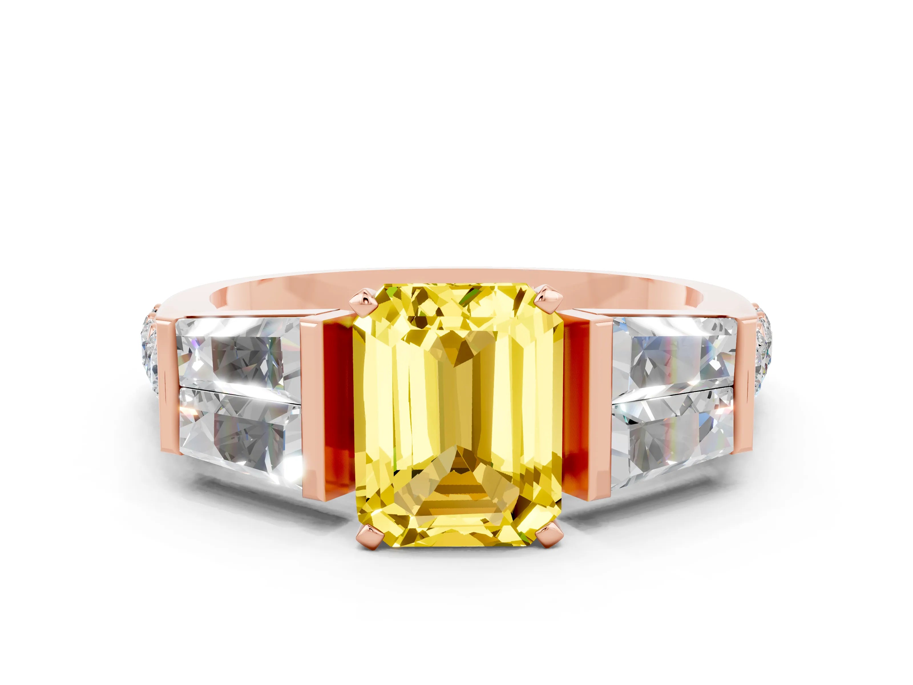 Rose gold Emerald Cut Yellow Sapphire Engagement Ring with Baguette Side Stones and Channel Set Band