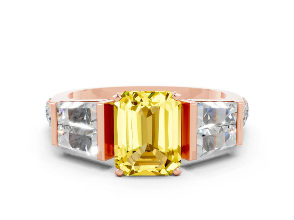 Rose gold Emerald Cut Yellow Sapphire Engagement Ring with Baguette Side Stones and Channel Set Band