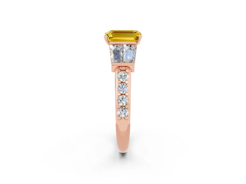 Rose gold Emerald Cut Yellow Sapphire Engagement Ring with Baguette Side Stones and Channel Set Band_2
