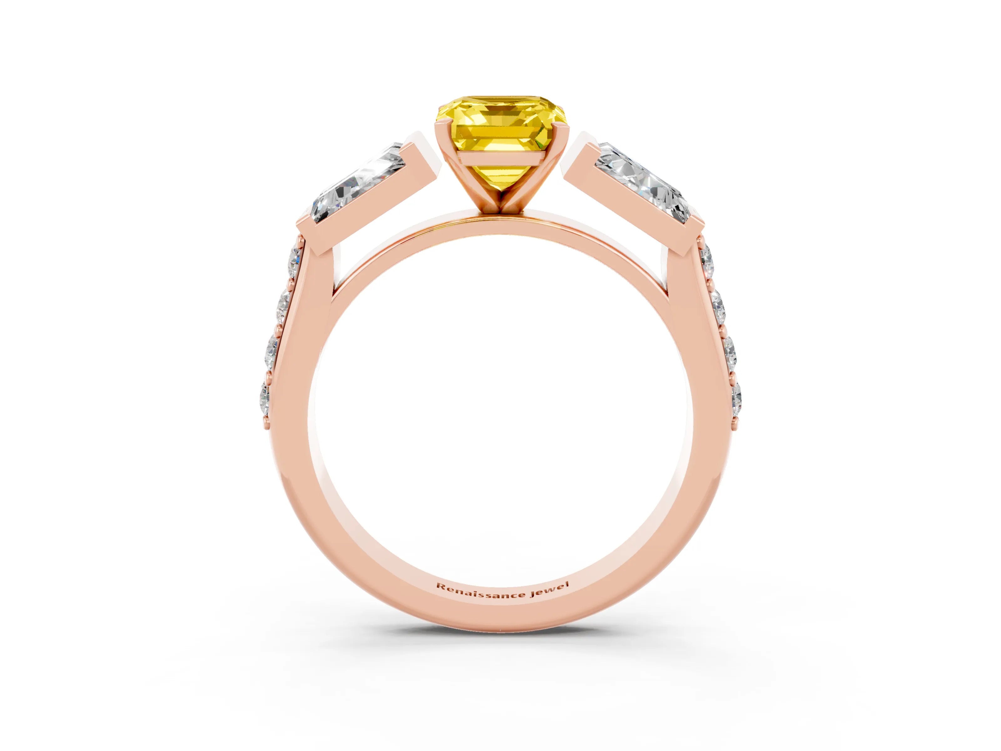 Rose gold Emerald Cut Yellow Sapphire Engagement Ring with Baguette Side Stones and Channel Set Band_3