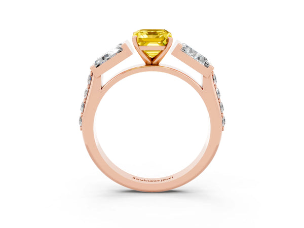Rose gold Emerald Cut Yellow Sapphire Engagement Ring with Baguette Side Stones and Channel Set Band